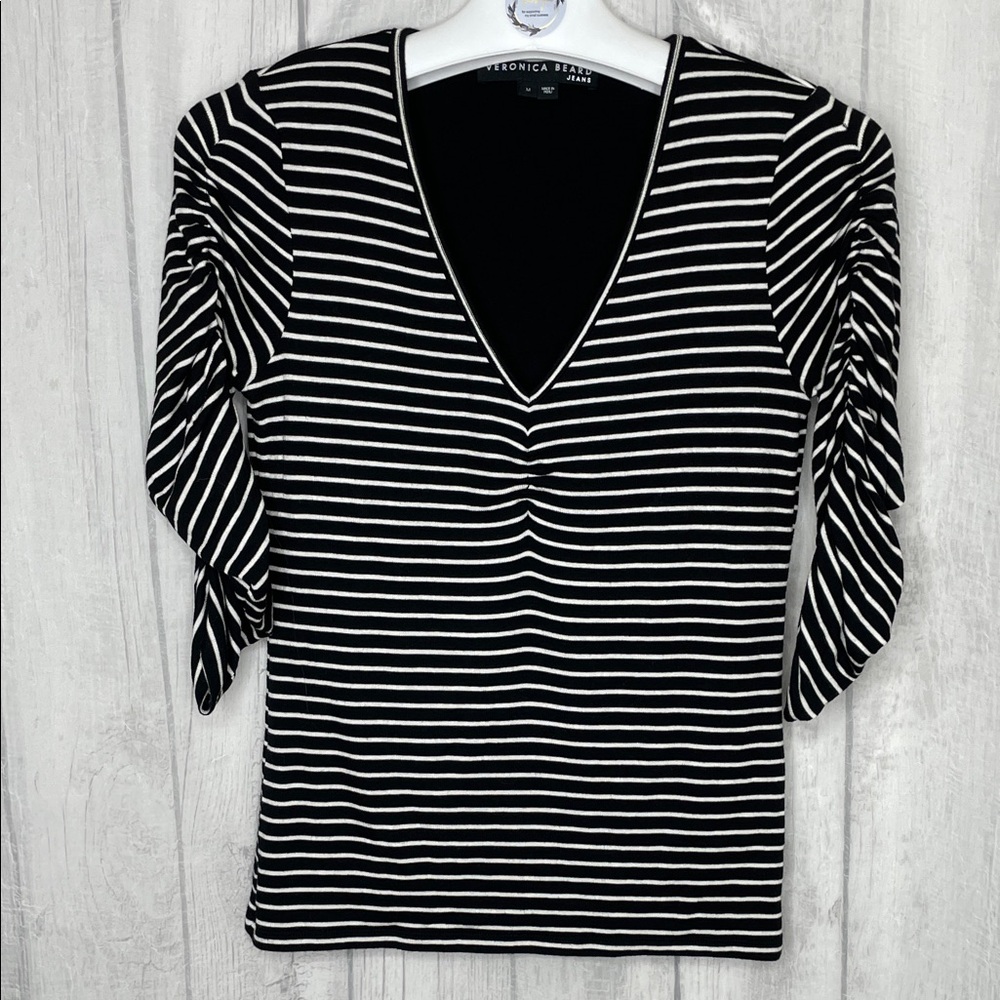 Veronica Beard Clarita Black & White Striped V-Neck Ruched Sleeve Top.